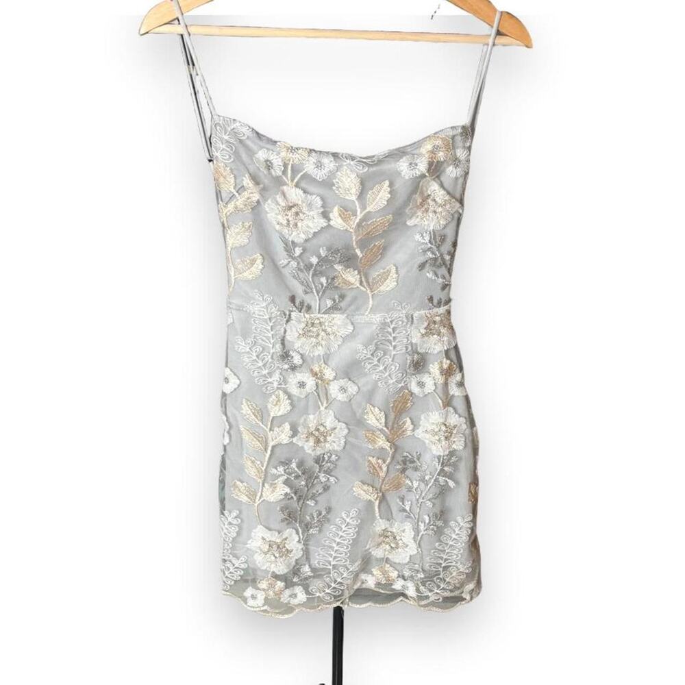 Lucy in the Sky Silver Floral Embroidered Mesh Mini Dress Small